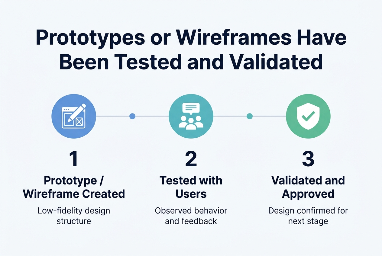 Prototypes or wireframes have been tested and validated